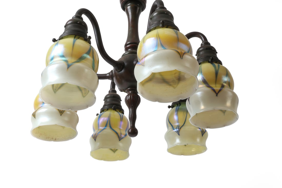 TIFFANY STUDIOS FAVRILE GLASS & BRONZE CHANDELIER - 16