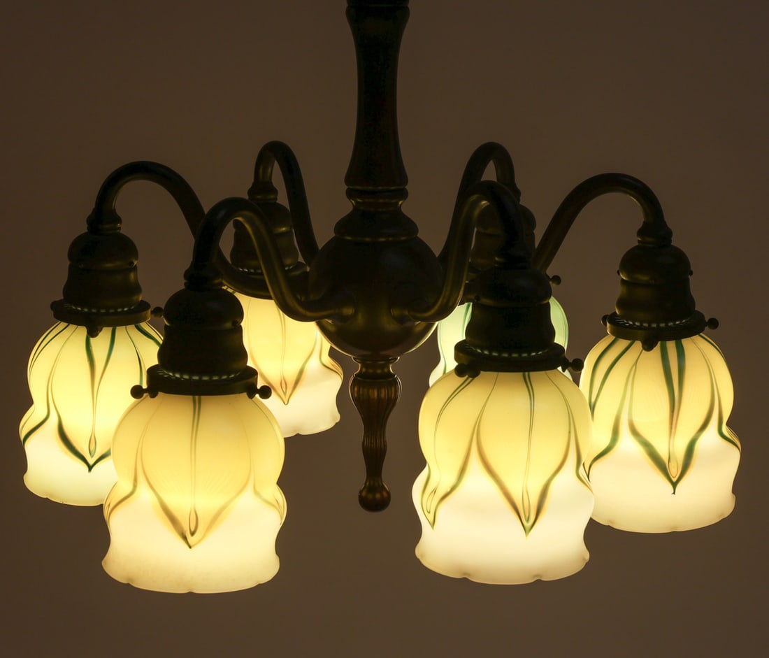 TIFFANY STUDIOS FAVRILE GLASS & BRONZE CHANDELIER - 2