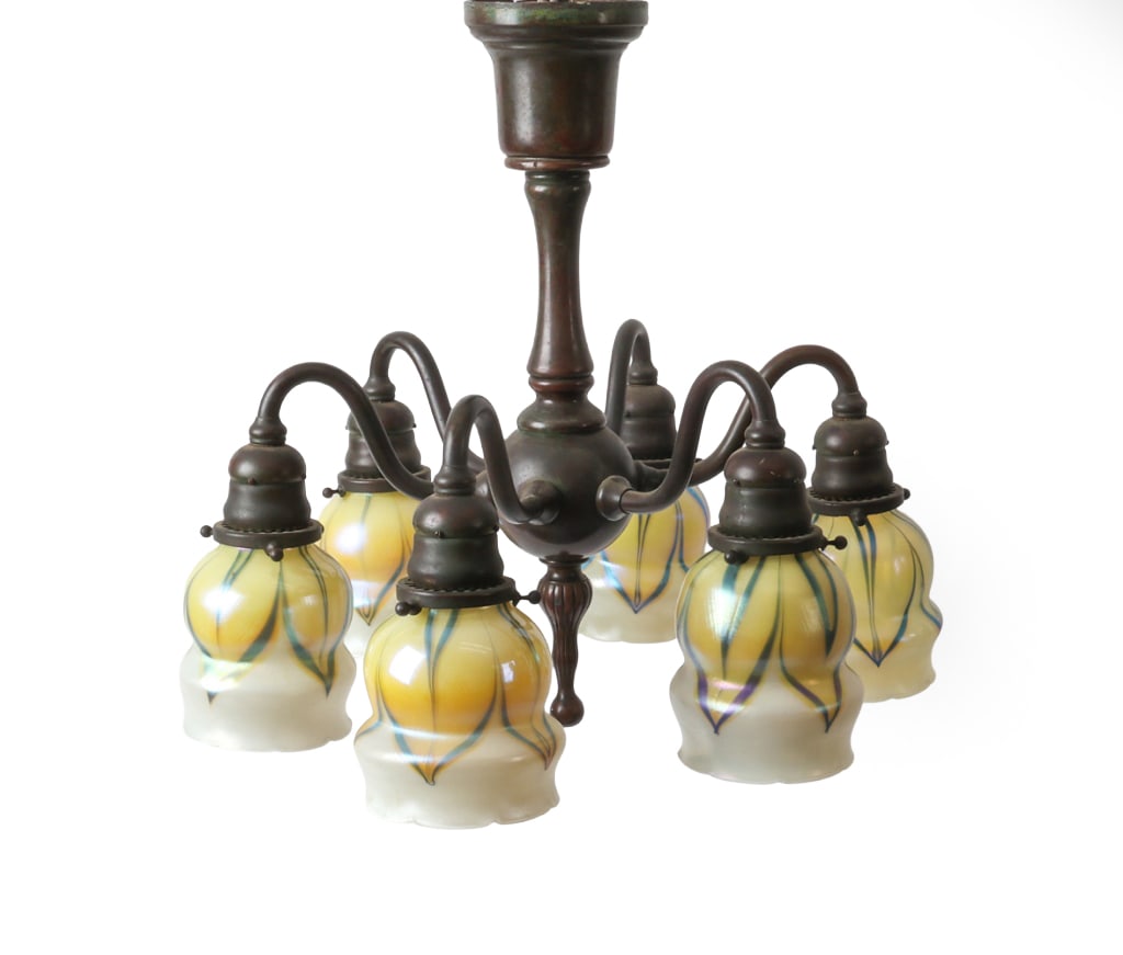 TIFFANY STUDIOS FAVRILE GLASS & BRONZE CHANDELIER - 7