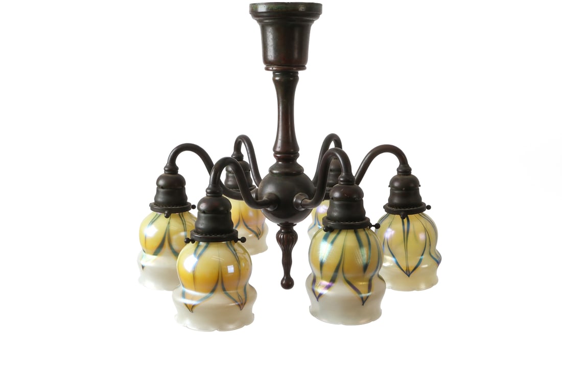 TIFFANY STUDIOS FAVRILE GLASS & BRONZE CHANDELIER - 9