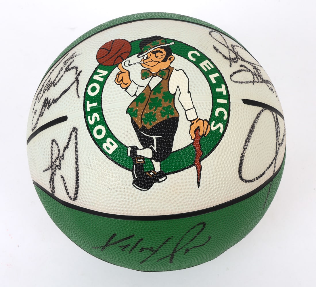 BOSTON CELTICS 2008 CHAMPIONSHIP AUTOGRAPHED BALL: 2008 Boston Celtics NBA Championship team-signed basketball, featuring "Lucky the Leprechaun" logo and a total of 15 autographs from team members including Ray Allen, Paul Pierce, and Kevin Garnett.