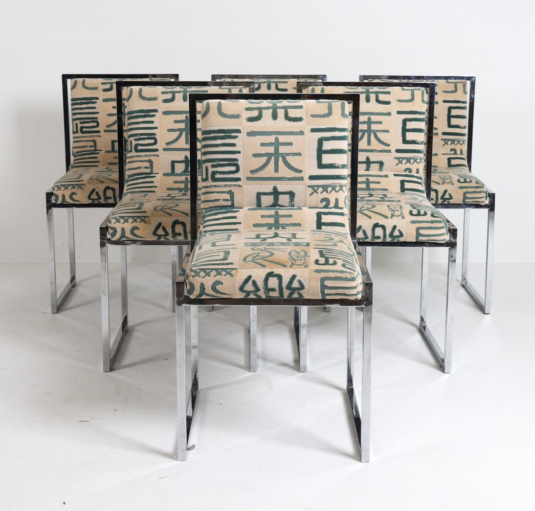 (6) NANDA VIGO DRIADE WRIGHT-WRIGHT CHAIRS: Designed by Nanda Vigo for Driade. Chrome steel frames with patterned velour upholstery. Apparently untagged. Circa 1970s. Dimensions: H 33.5" X W 18" X D 19" S.H. 19" Condition: Wear consistent with