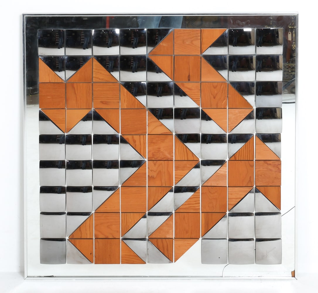 HAL BIENENFELD (20TH C.) ABSTRACT MIRROR: Signed to lower left corner. Mirrored glass panels with pine wood pieces. 20th century. Dimensions: Frame H 36.5" x W 36.5". Condition: Minor scuffs and rubs to frame.