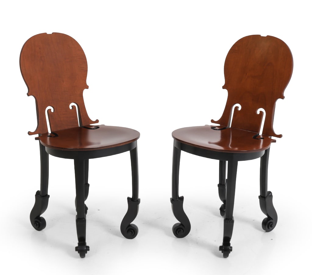PAIR OF HUGUES CHEVALIER ARMAN "CELLO" CHAIRS: Two chairs part of a limited edition of only 50 pieces designed by Arman. Marked on the underside of each chair. Dimensions: H 34" x W 16.25" x D 18" x Sh 18.25" Condition: Rubs and dings to seat and