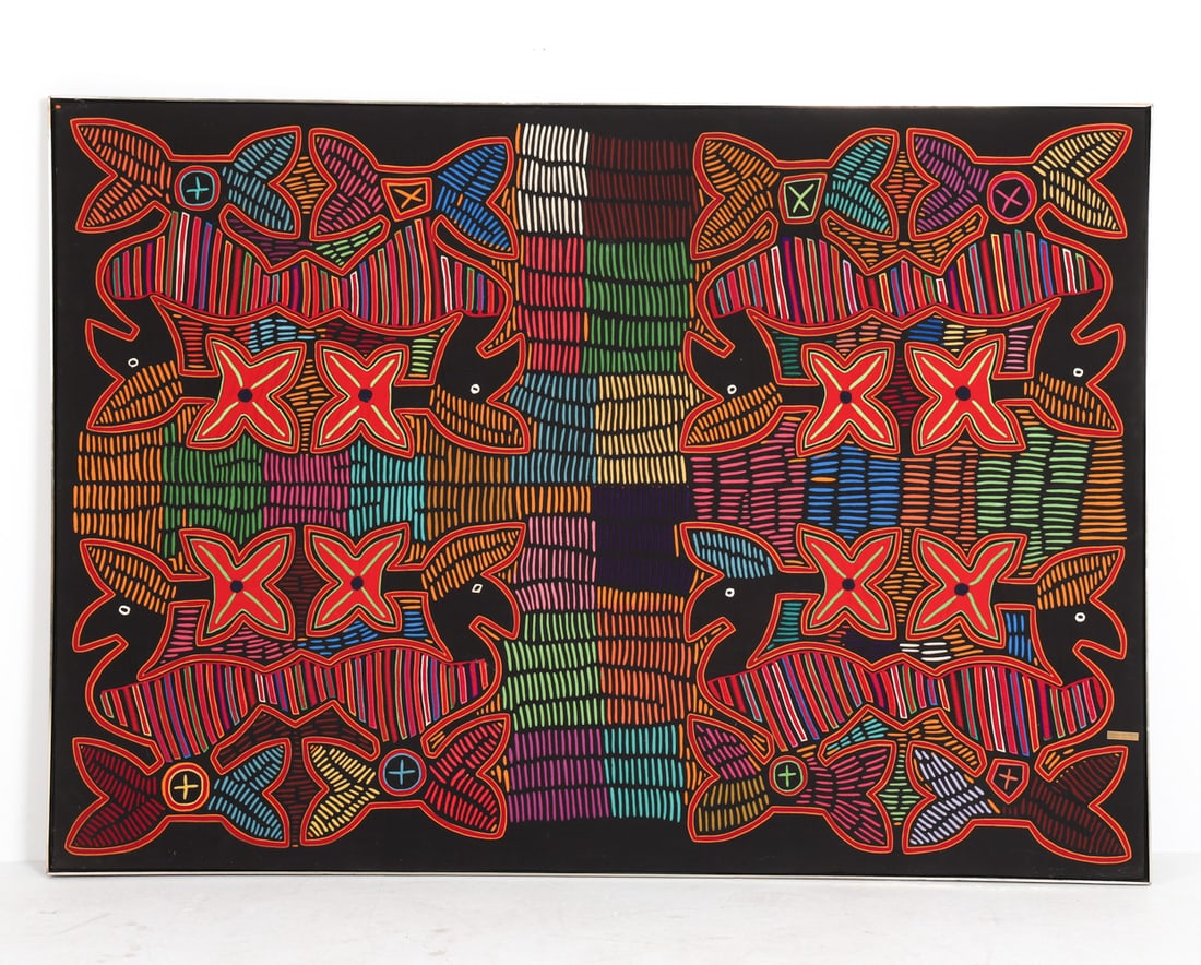 LARGE VINTAGE ABSTRACT MOLA TEXTILE: Titled and signed to plaque to lower right corner, dated 1976. Dimensions: Frame H 63" x 89". Condition: Rubs to fabric on corners, scuffs and rubs to frame. Wear consistent with age and display.