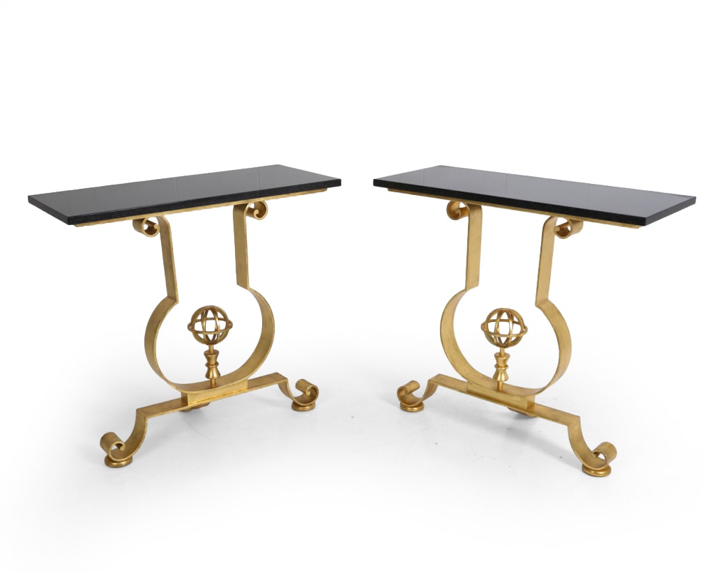 PAIR OF MORGIK METAL DESIGN CONSOLE TABLES: Pair of custom made console tables Designed by Eric Lysdahl made by Larry Morgik for Morgik Metal Designs. Consoles featuring marble tops with gilt wrought iron bases that have open sphere and