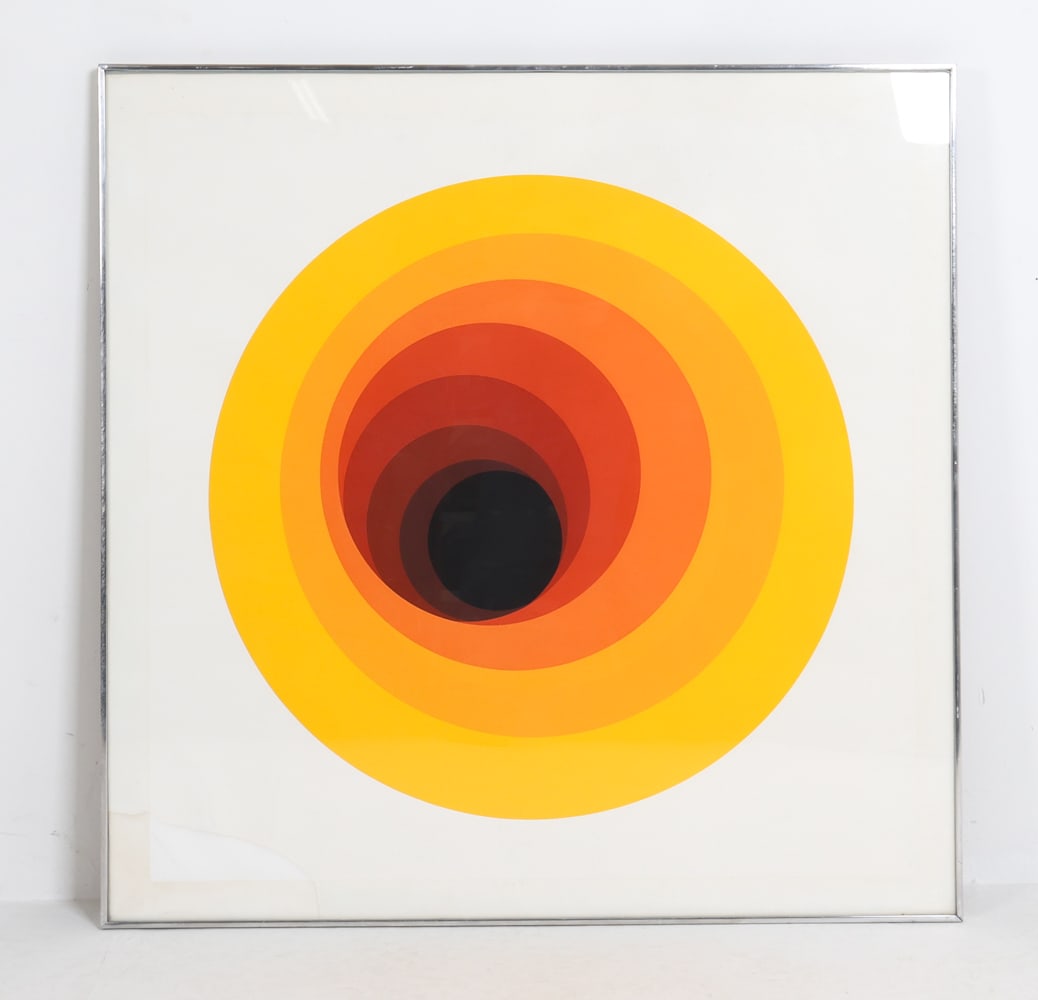 ABSTRACT PRINT 'VORTEX II' 1975: Signed and dated to lower right corner with embossed stamp. Edition 17/50. Titled to lower center. Dimensions: Frame H 40.5" x W 40.5". Sight H 40" x W 40". Condition: Water spot to lower left corner