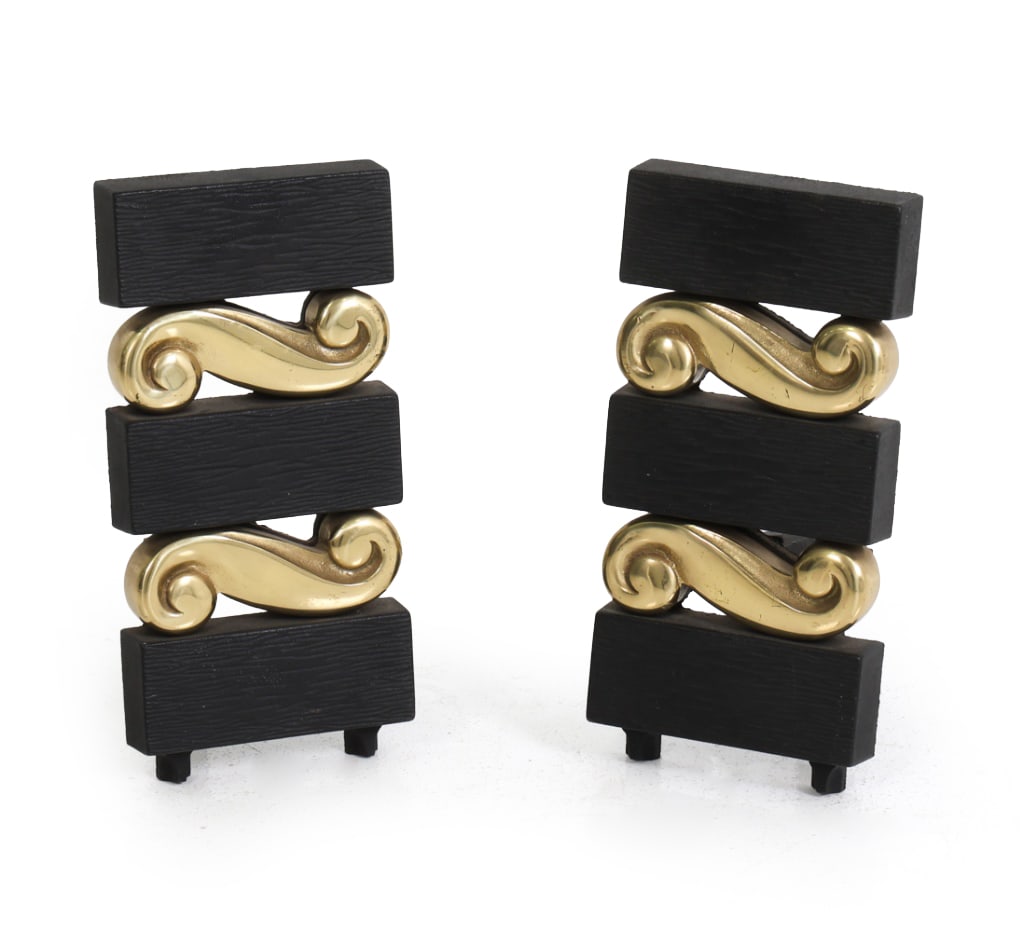 PAIR OF DONALD DESKEY STACKED SCROLLS ANDIRONS (1 of 12)