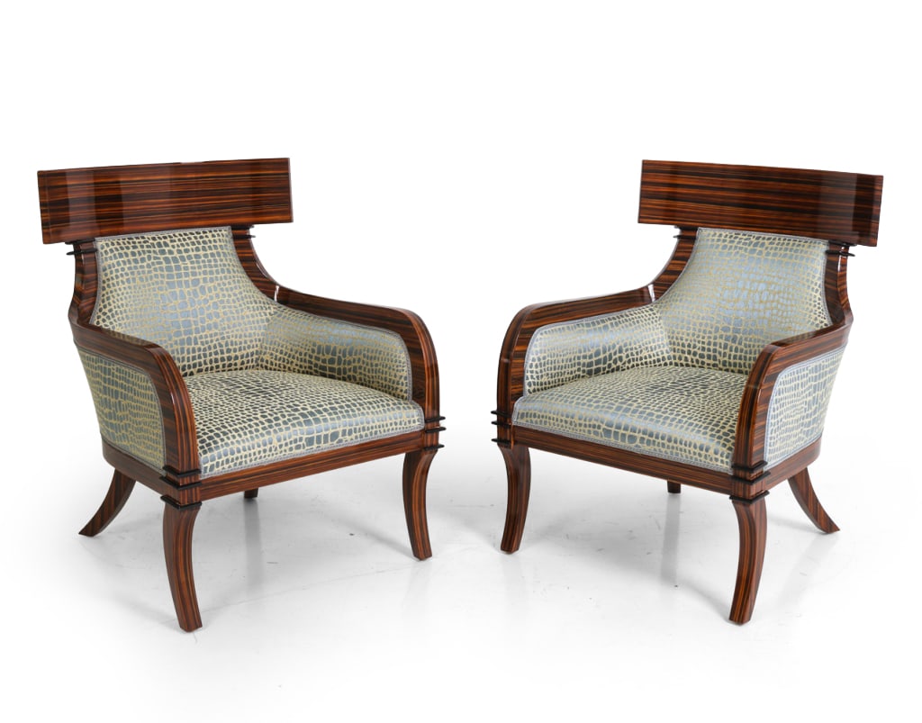 PAIR OF NEOCLASSICAL 'KILISMOS' STYLE ARMCHAIRS: Pair of chairs featuring hand-painted faux macassar ebony lacquered frames with steel blue/tan "Croc" pattern woven fabric from Beacon Hill and French braided gimp trim from Houles. Dimensions: H 36"