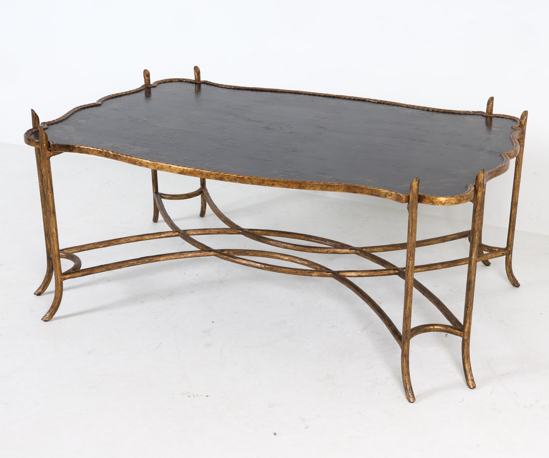 CHELSEA HOUSE CHINOISERIE COFFEE TABLE: Gilded iron base with hand painted wooden top. Contemporary. Dimensions: H 22" x W 52" x D 34". Condition: Intentionally distressed finish with some white residue and light scratches.