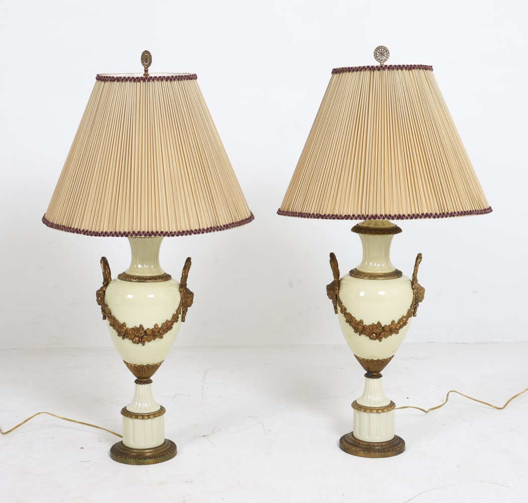 PAIR OF FRENCH STYLE PORCELAIN & ORMOLU URN LAMPS (1 of 20)