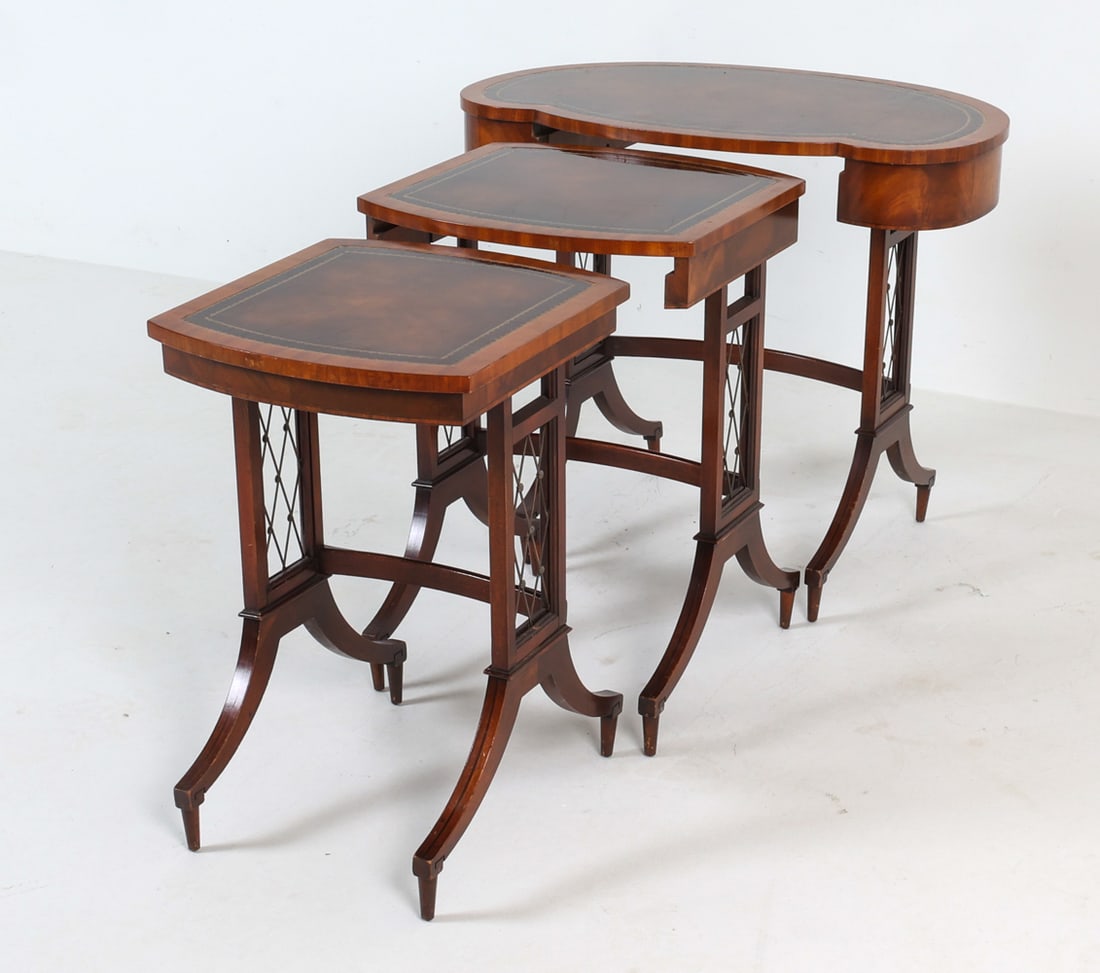 WEIMAN INLAID MAHOGNAY NESTING TABLES: Marked underneath. Dimensions: (largest) H 24" x W 28" x D 17.75" Condition: Showing signs of wear including light scratches and craquelure to finish consistent with age and gentle use.