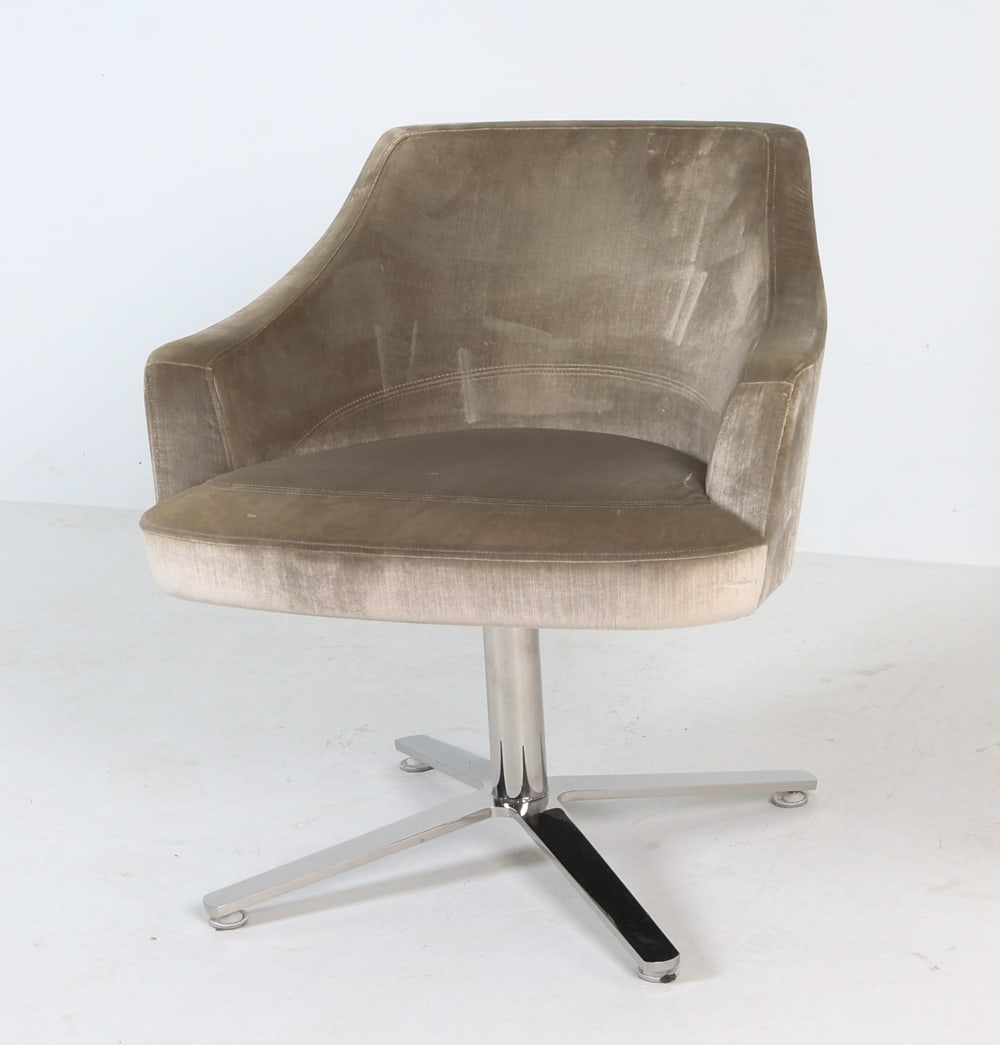 CUMBERLAND CLOVER SWIVEL CHAIR: Grey velour upholstery on steel swivel base. Apparently untagged. Contemporary. Dimensions: H 31" x W 29" x D 26" S.H. 18". Condition: Presents well overall. Faint scuffs to seat.