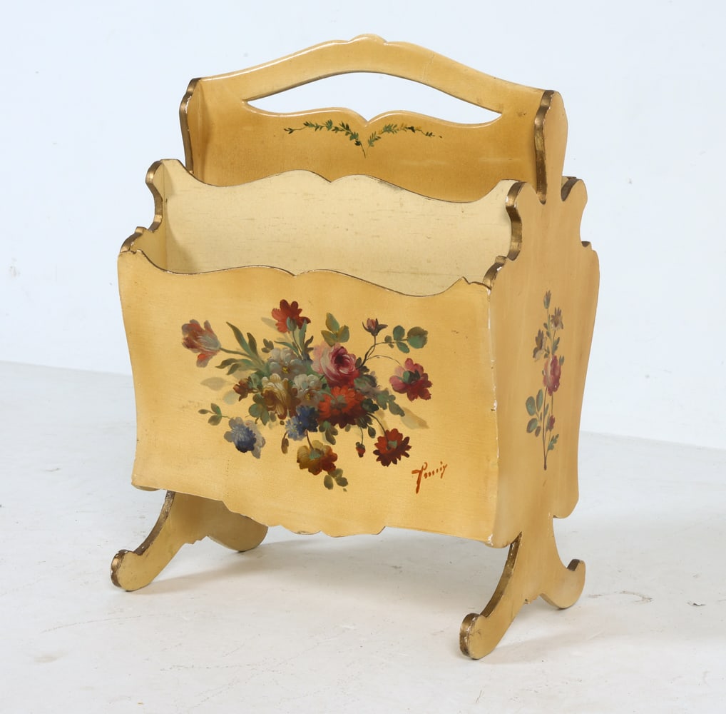 HAND PAINTED VINTAGE ITALIAN MAGAZINE RACK: Illegibly signed lower right. Stamped Made In Italy underneath. Dimensions: H 18" x W 13" x D 9.5" Condition: Showing wear including Small Chips ,scratches and area of veneer loss to one leg.