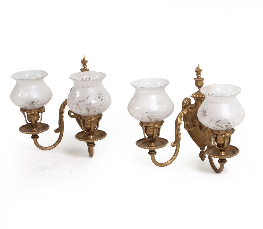PAIR ANTIQUE BRASS & GLASS SCONCES (1 of 20)