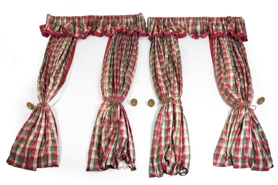 VINTAGE PLAID CURTAINS & VALANCES GROUPING: (4) Panels of satin curtains with plaid design. Pairs affixed to boards with valances to tops. Layer of fabric sewn to backs. (4) Brass curtain pulls included. Dimensions: Each Panel L 121" x W 68". B