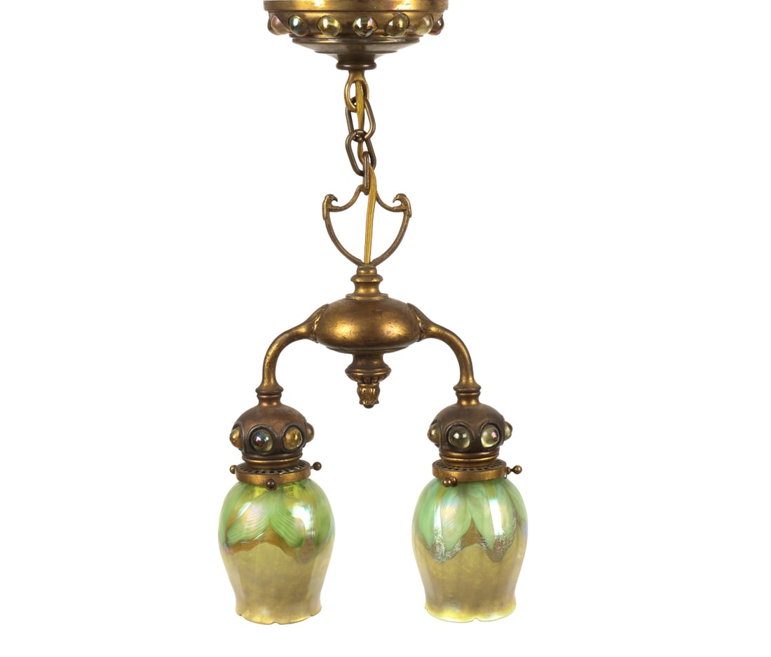 TIFFANY STUDIOS JEWELED BRONZE PENDANT LIGHT - 13