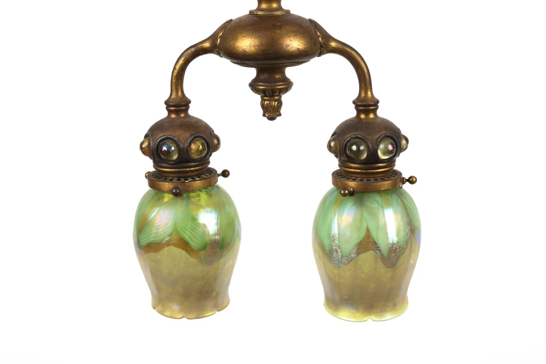 TIFFANY STUDIOS JEWELED BRONZE PENDANT LIGHT - 14