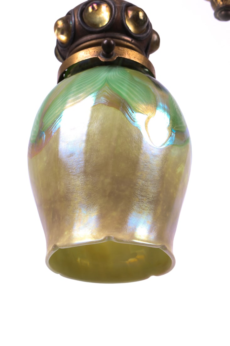 TIFFANY STUDIOS JEWELED BRONZE PENDANT LIGHT - 15