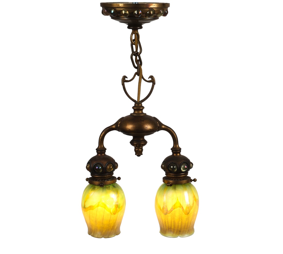 TIFFANY STUDIOS JEWELED BRONZE PENDANT LIGHT (1 of 18)