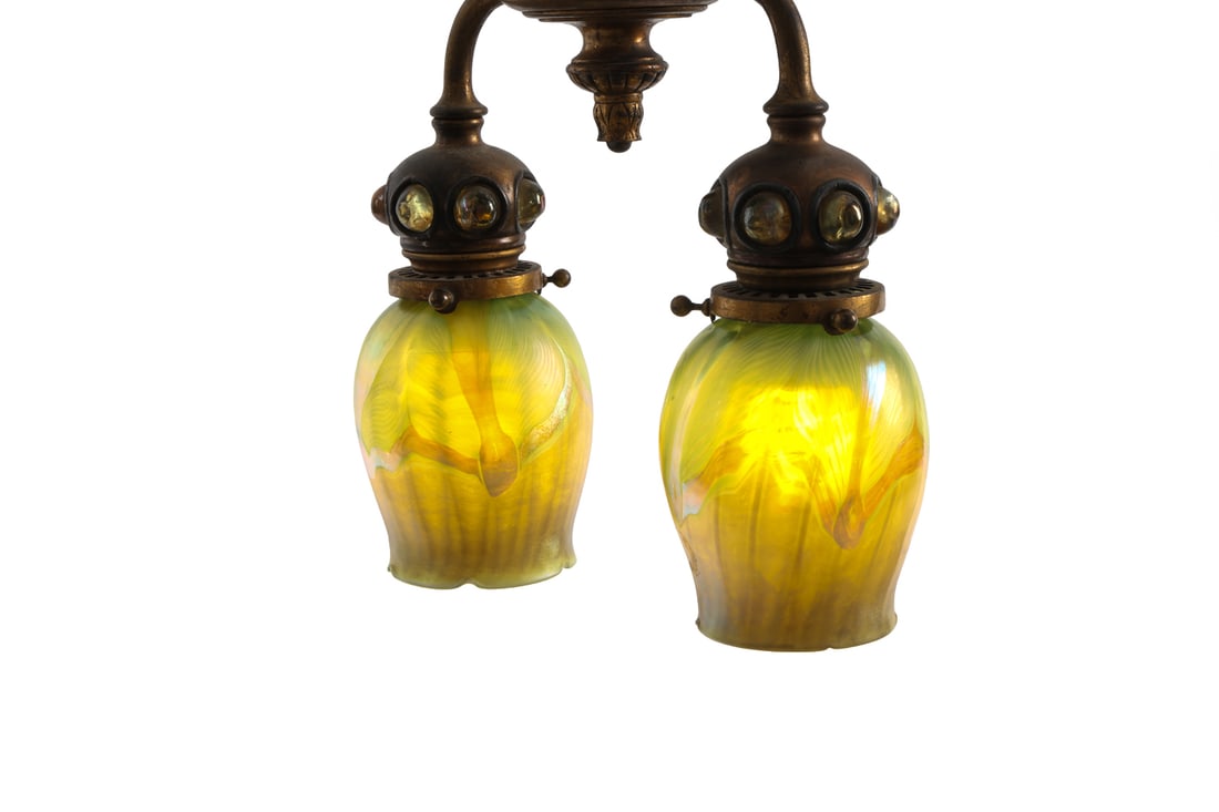 TIFFANY STUDIOS JEWELED BRONZE PENDANT LIGHT - 3