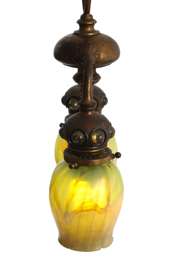 TIFFANY STUDIOS JEWELED BRONZE PENDANT LIGHT - 6