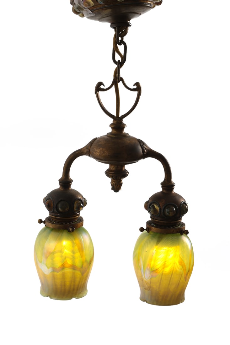TIFFANY STUDIOS JEWELED BRONZE PENDANT LIGHT - 7