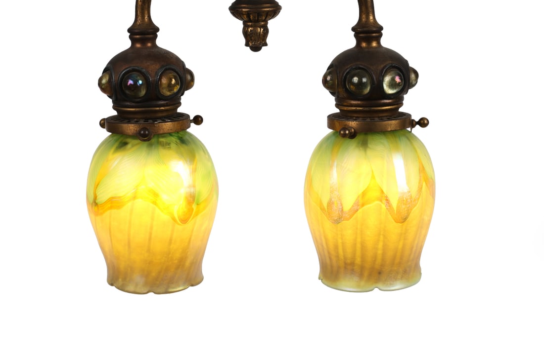 TIFFANY STUDIOS JEWELED BRONZE PENDANT LIGHT - 8