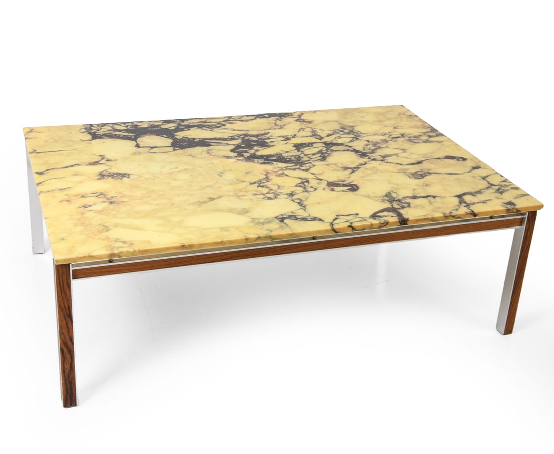 BENDIXEN DANISH ROSEWOOD & MARBLE COFFEE TABLE: Rosewood veneered steel frame with marble top coffee table. Apparently unmarked. Denmark, circa 1970s. Dimensions: H 18.25" x W 55.25" x D 35.5" Condition: Wear consistent with age and use. Scuffs to