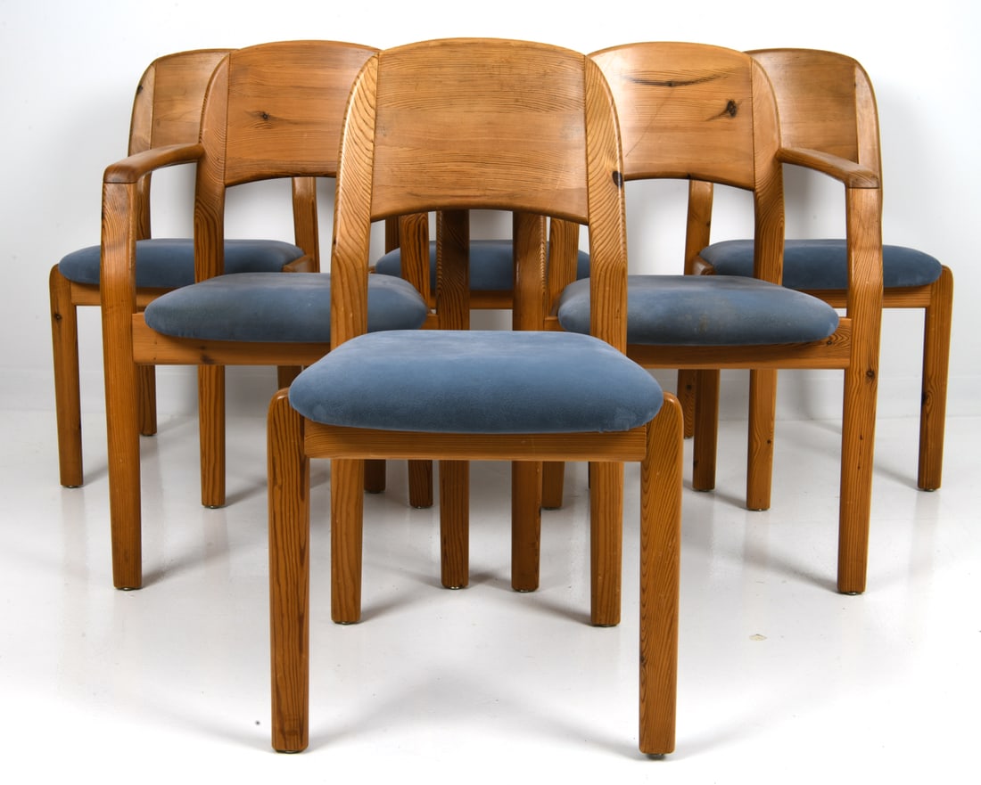 (6) DYRLUND DANISH PINE DINING CHAIRS C. 1970S: Dining chairs in pine with shaped backrest and grey blue 000000000000upholstered seats. (2) armchairs and (4) side chairs. Tagged underneath. Denmark, circa 1970s. Dimensions: H 35" x W 21" x D 21" x