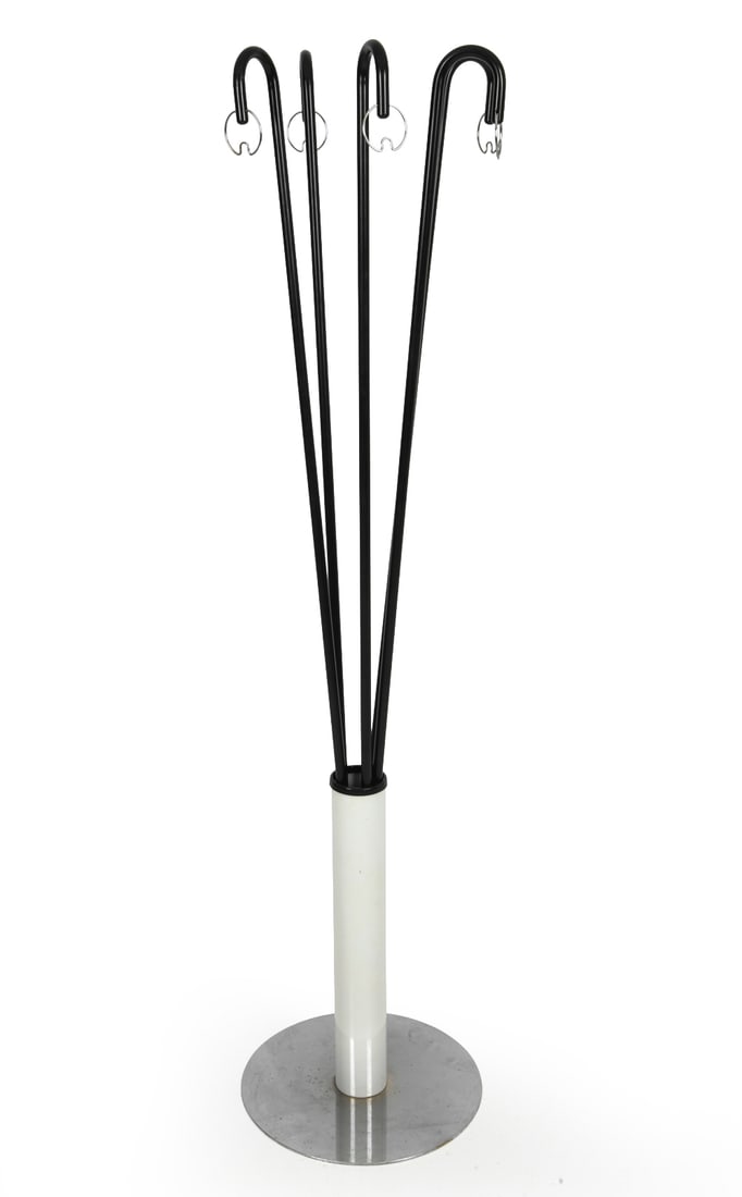 VINTAGE SCULPTURAL COAT RACK WITH STAND: With metal base and multiple racks. It has dual-purpose function as a decorative entryway piece for coats or umbrellas. Dimensions: H 63.75" x Dia. 15.5" Condition: Wear consistent with age and us, So