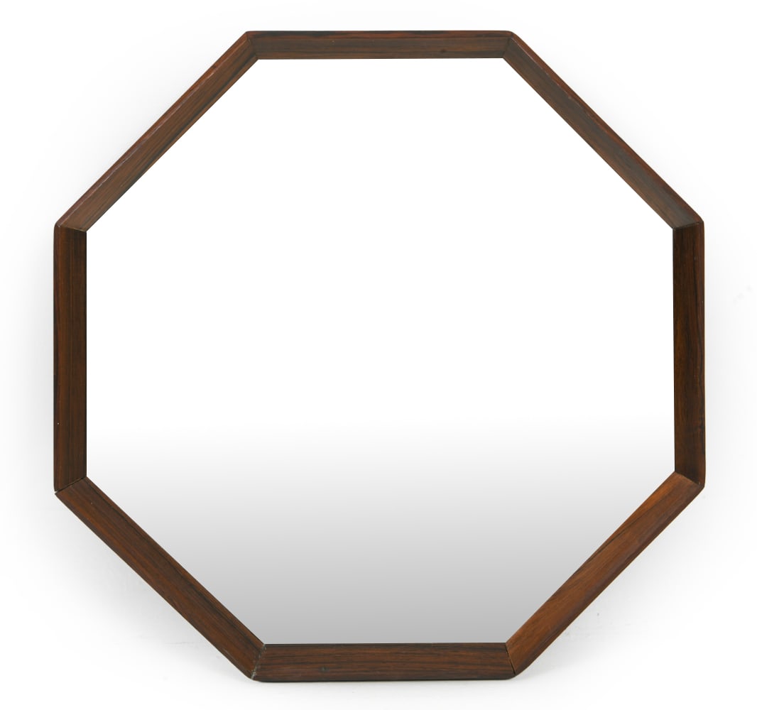 MID-CENTURY DANISH OCTAGONAL ROSEWOOD MIRROR: Rosewood wall mirror with an octagon-shaped frame. Unmarked. Dimensions: H 17.75" x W 17.75" Condition: Wear consistent with age and use including minor rubs and scuffs to frame.