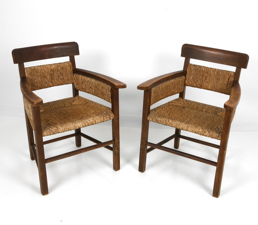 PAIR STYLE OF DUDOUYT FRENCH OAK & RUSH CHAIRS (1 of 11)
