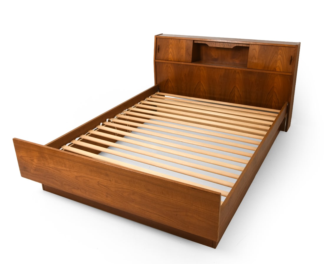 DANISH TEAK FULL SIZE BED FRAME 1960S: Slats included. Dimensions: H 33" x W 75" x D 59" x SH 13" Condition: Wear consistent with age and use. Scuffs, rubs, nicks.