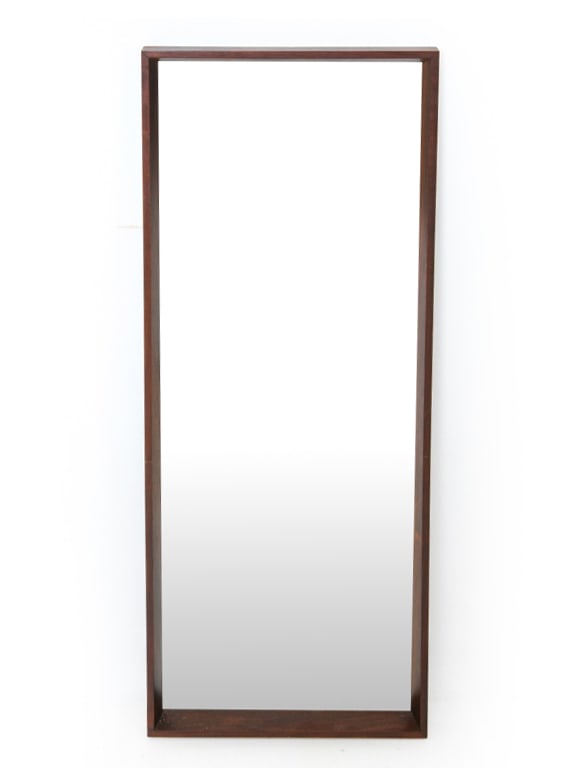 JANSEN SPEJLE DANISH ROSEWOOD WALL MIRROR: Rosewood frame wall mirror. Labeled on back. Circa 1960's. Dimensions: H 39.25" x W 15.5" Condition: Wear consistent with age and use. Scuffs, nicks to frame.