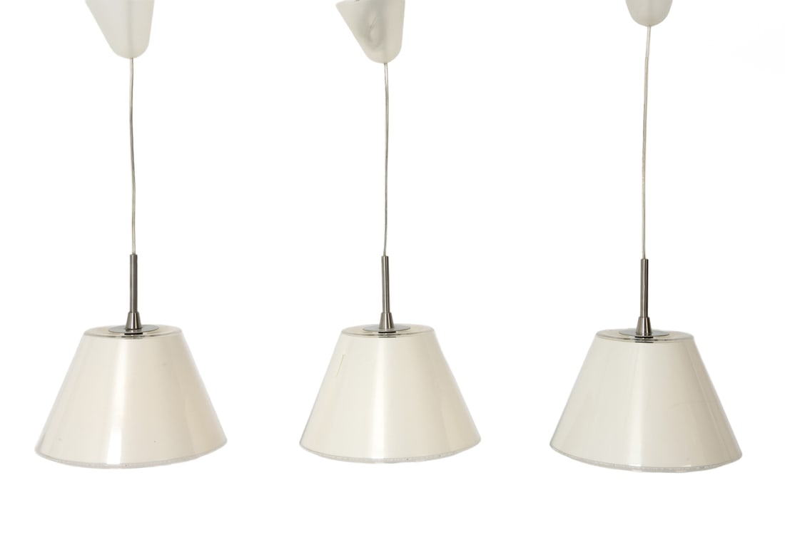 (3) LE KLINT UC 007 DANISH ACRYLIC PENDANT LAMPS: In acrylic and paper lamps known as Undercover Pendel. Labeled to socket. Circa 1960's. Dimensions: H 10" x W 9" Condition: Wear consistent with age and use. Untested, the cord id cut.