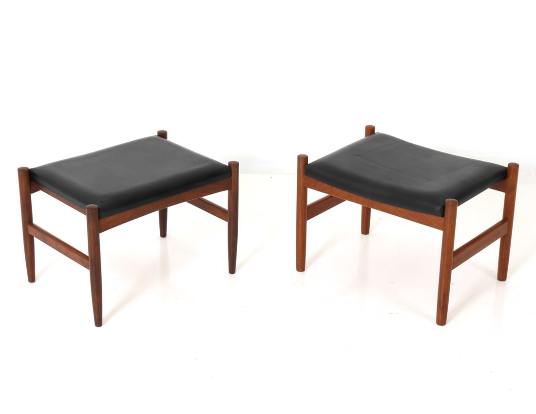 (2) HUGO FRANDSEN FOR SPOTTRUP TEAK OTTOMANS 1960S: Black faux leather upholstery and teak frame. Marked to one stool underneath. Denmark, circa 1960's. Dimension: H 14.25" x W 20.5" x D 15" Condition: Wear consistent with age and use. Nicks, scuffs to