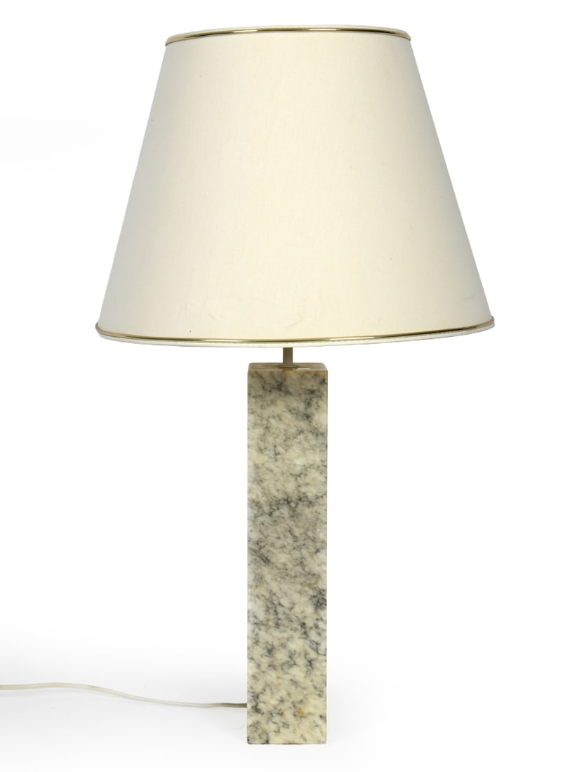 HOLM SORENSEN & CO MARBLE TABLE LAMP C. 1960S: Danish Italian marble table lamp Shade with gold-tone accent to edges. Stamped and tagged to the underside. Denmark, circa 1960s. Dimensions: H 24" x W 3.5" Condition: Wear consistent with age and use