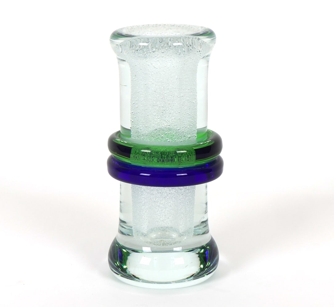 PAVEL JEZEK FOR SKRDLOVICE GLASS VASE C. 1970S: Art glass vase for Skrdlovice Glassworks. Bubbly textured core and ring accents in green and blue around middle. Apparently unmarked. Czechoslovakia, circa 1970s. Dimension: H 7.25" x Dia. 3.5" Condit