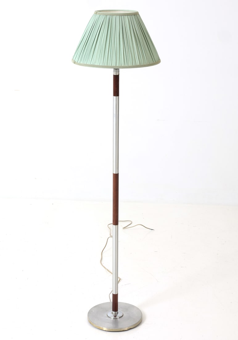 SCANDINAVIAN TEAK & ALUMINUM FLOOR LAMP 1960'S: With metal base and segmented canopy. Features green fabric shade. Denmark, circa 1960's. Dimensions: H 55" x Dia 14" Condition: Wear consistent with age and use. Not tested, the cord is cut. Loss to