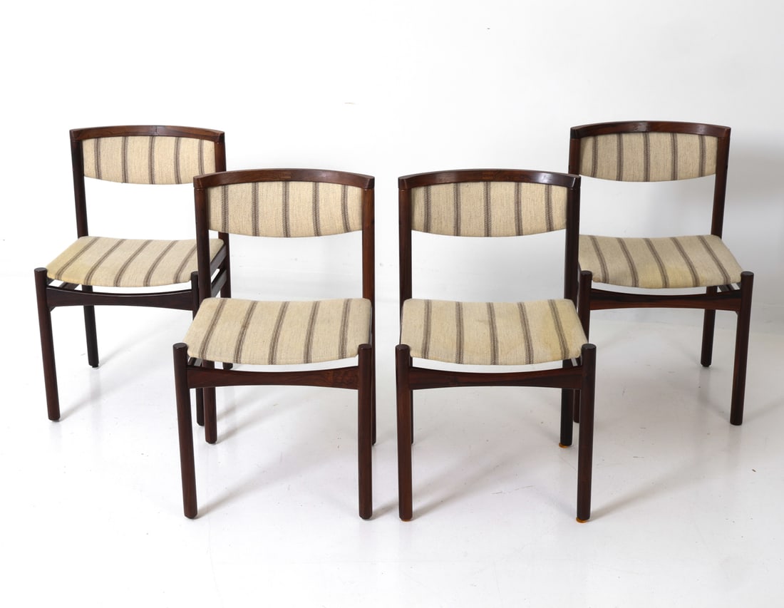 (4) SAX MOBLER DANISH ROSEWOOD DINING CHAIRS 1960S: Dining side chairs in rosewood and stripe upholstery by SAX (Saxkjobing Savvaerk Stonefabik). Stamped underneath. Denmark, circa 1960s. Dimensions: H 36.5" x W 19.5" x D 18" x SH 19" Condition: Wear c