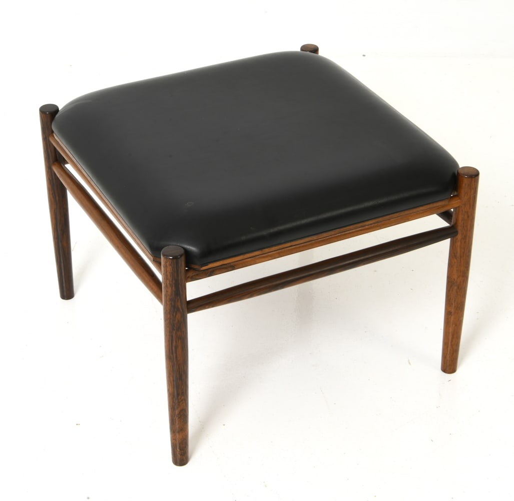 ATTR. ALF SVENSSON SWEDISH ROSEWOOD OTTOMAN 1950'S: Rare ottoman with black upholstery and rosewood frame attr. Alf Svensson. Apparently unmarked. Sweden, circa 1950's. Dimensions: H 15" x W 20" x D 20" Condition: Wear consistent with age and use. Some