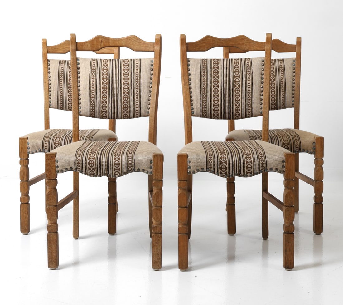 (4) KJAERNULF STYLE DANISH OAK DINING CHAIRS 1970S: (4) Chairs with carved frame, wool upholstery featuring Scandinavian folklore motif design. Apparently unmarked, Denmark, circa 1970's. Dimensions: H 38" x W 17" x D 20" x SH 19" Condition: Wear consi