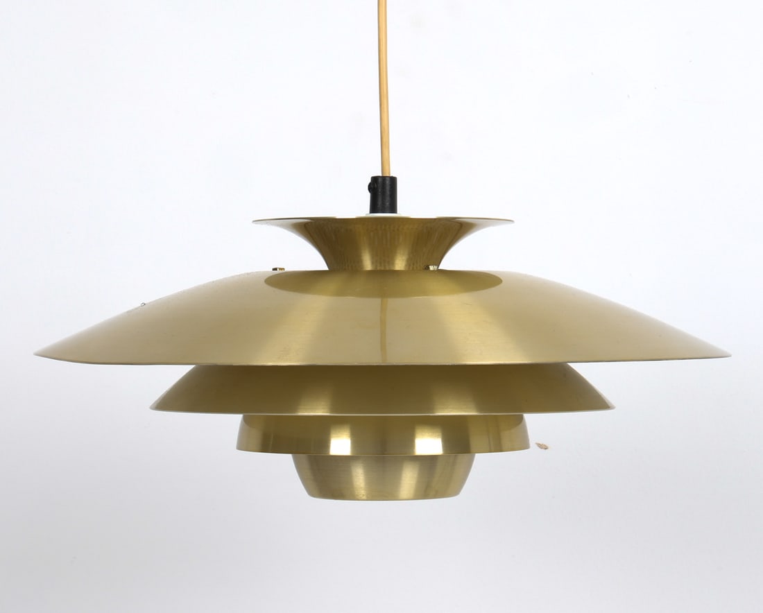 KURT WIBORG FOR JEKA "ALEXIS" PENDANT LIGHT 1970S: Model 8079. Multi-tiered aluminum shades with golden brushed finish. Tagged inside the frame. Denmark, circa 1970s. Dimensions: H 7" x Dia. 15" Condition: Not Tested, Wear consistent with age and use,