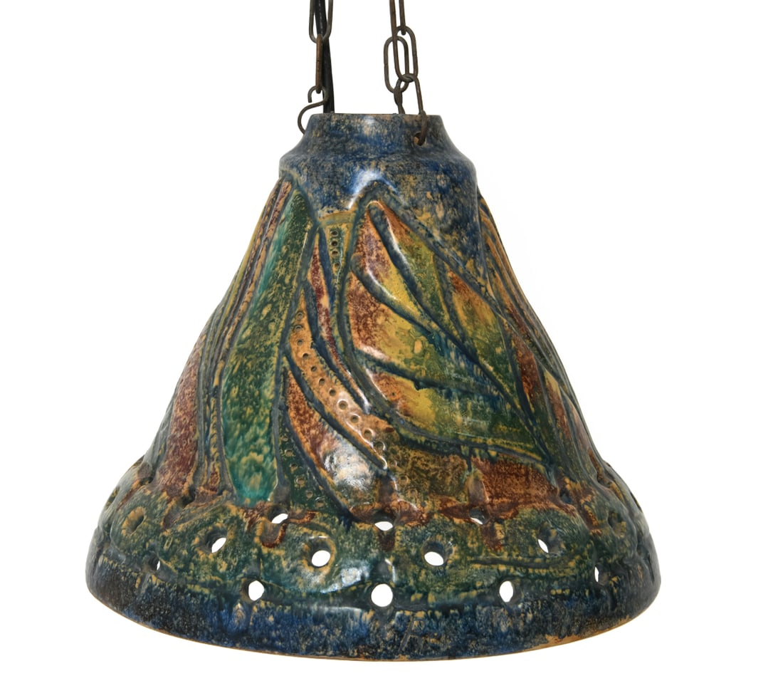 STUDIO POTTERY DANISH CERAMIC PENDANT LAMP 1960'S: Featuring a conical shape with hand carved ornamentation and perforated details. Denmark, circa 1960's. Dimensions: H 13" x Dia 13" Condition: Wear consistent with age and use. Untested, the cord is c