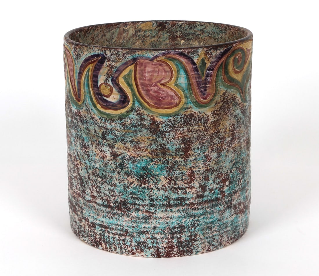 GRETHE REESE DANISH STONEWARE VASE: Colorful stone ware vase with multi-pattern designs. Marked Reese on underside. Dimension: H 11.5" x DIA. 10.75" Condition: Wear consistent with age and use including minor stray marks.