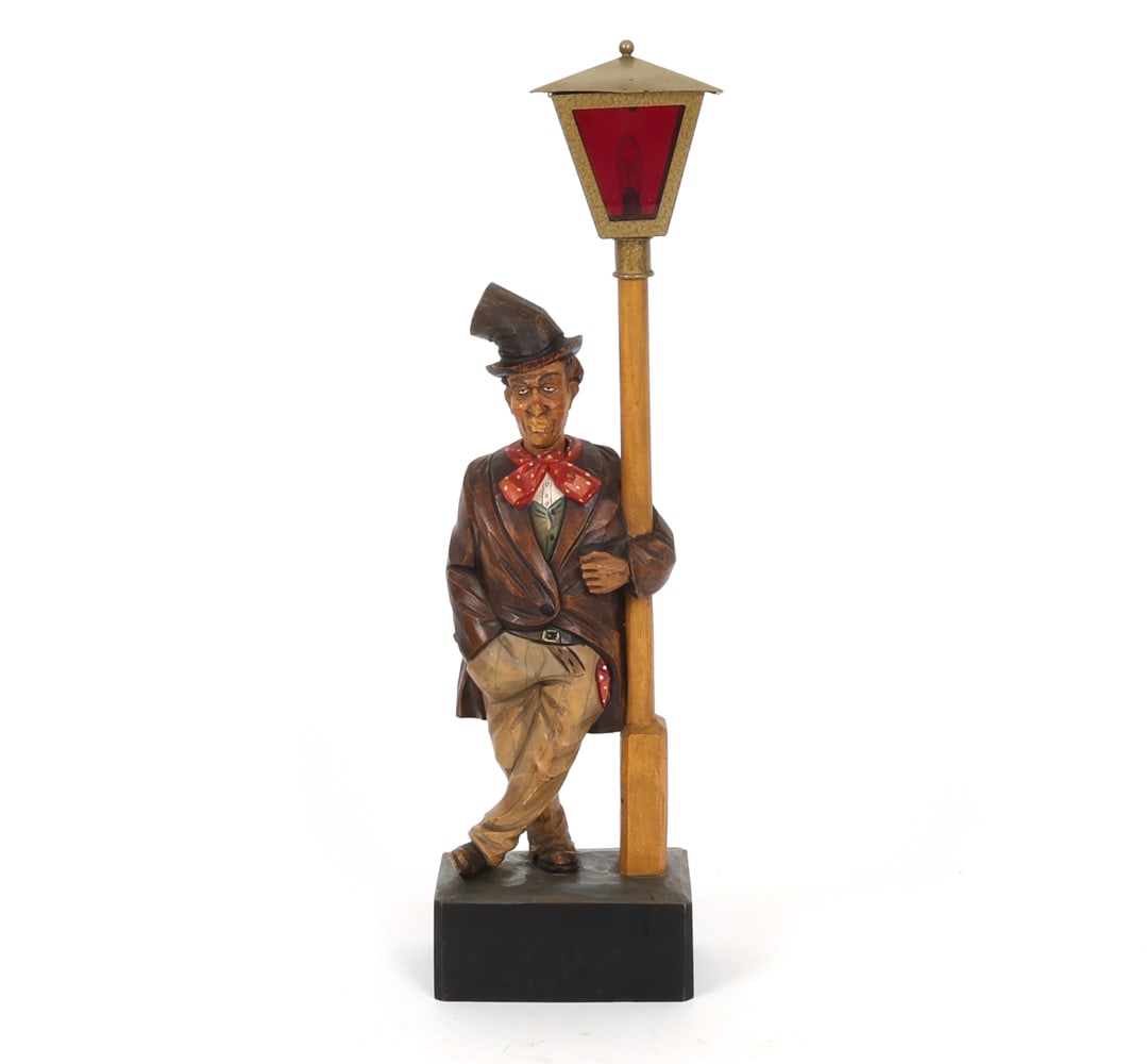 ANTIQUE GRIESBAUM GERMAN HOBO WHISTLER AUTOMATON: German carved wood light figurine mechanical automaton. Initially automated music box, whistling a tune. Apparently unmarked. Germany, early 20th century. Dimensions: H 19.5" x W 5.25" x D 3.75" Condi