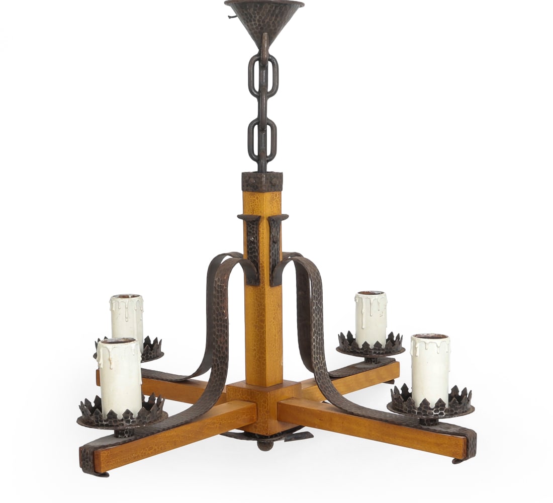 VINTAGE SCANDINAVIAN OAK & METAL CHANDELIER: Four arm chandelier with metal and oak frame. Scandinavian, 20th century. Dimensions: H 25" x Dia 27" Condition: Wear consistent with age and use. Untested, the cord is cut. Oxidizing, soling to metal