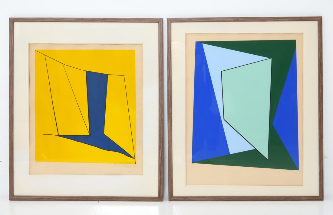 (2) RICHARD MORTENSEN (DANISH, 1910-1993) PRINTS: "Sept a Venise"(Set of seven) & "1ere Planche"(First board) by Richard Mortensen. Both signed, dated '61, no 18/60, signed, dated '60 and no 38/60 lower margin. Dimensions: (Frame) H 24" x W 20.5" (Si