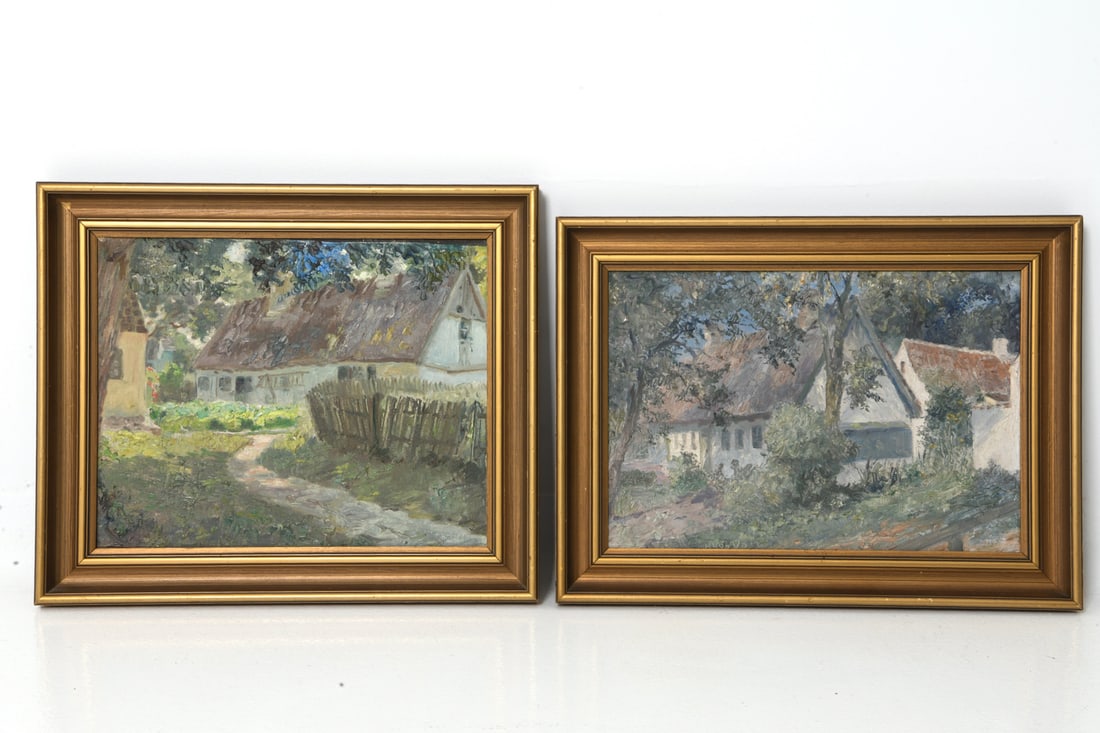 (2) HUGO PEDERSEN (DANISH) LADNSCAPE GROUPING O/C: Danish rural landscapes with houses. Signed lower margin. Oil on canvas. Dimensions: Largest (Frame) H 16" x W 19" (Canvas) H 12" x W 15" Condition: Wear consistent with age. Nicks, scuffs to frames.